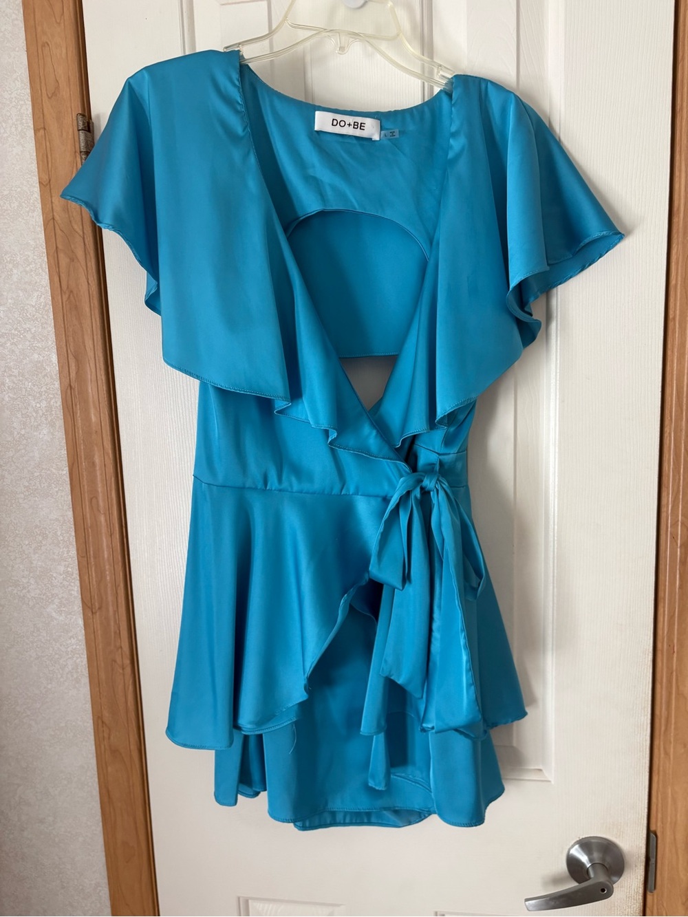 DO+BE Teal Wrap-Front Satin Tunic with Ruffle Hem